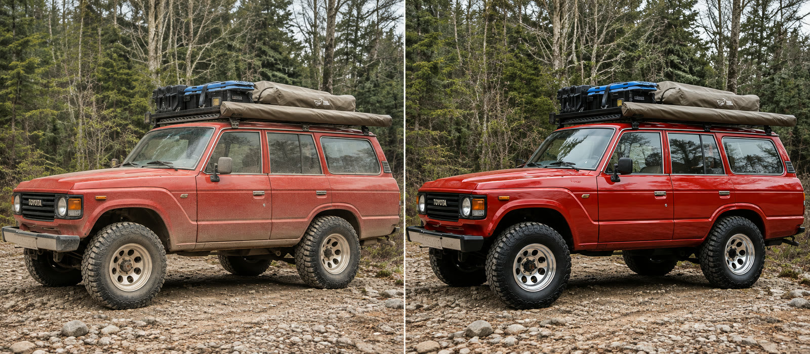 Dusty red Toyota Land Cruiser before and the same truck with deep glossy paint after