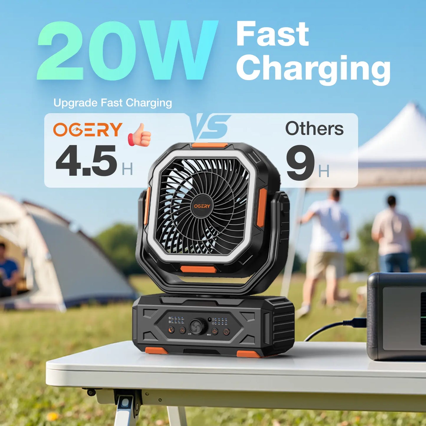 Zephra Camping Fan hanging in tent