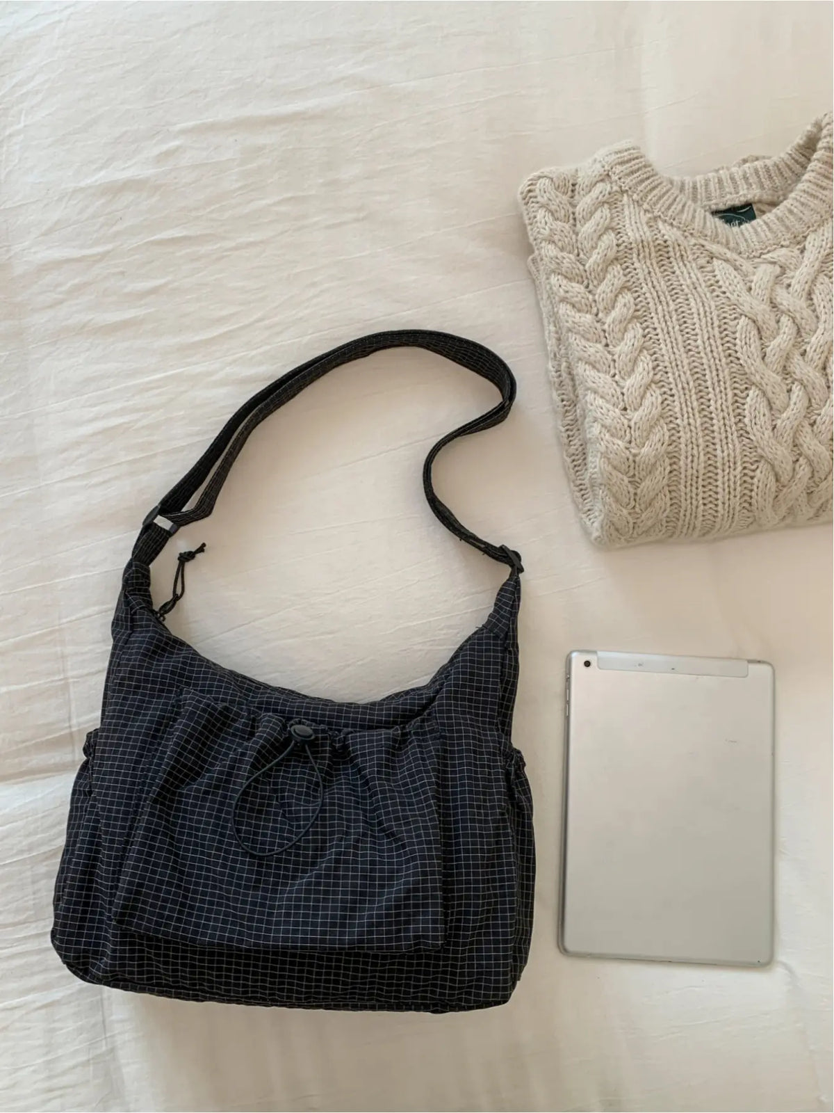 Sloane Plaid Crossbody Bag with tablet for scale