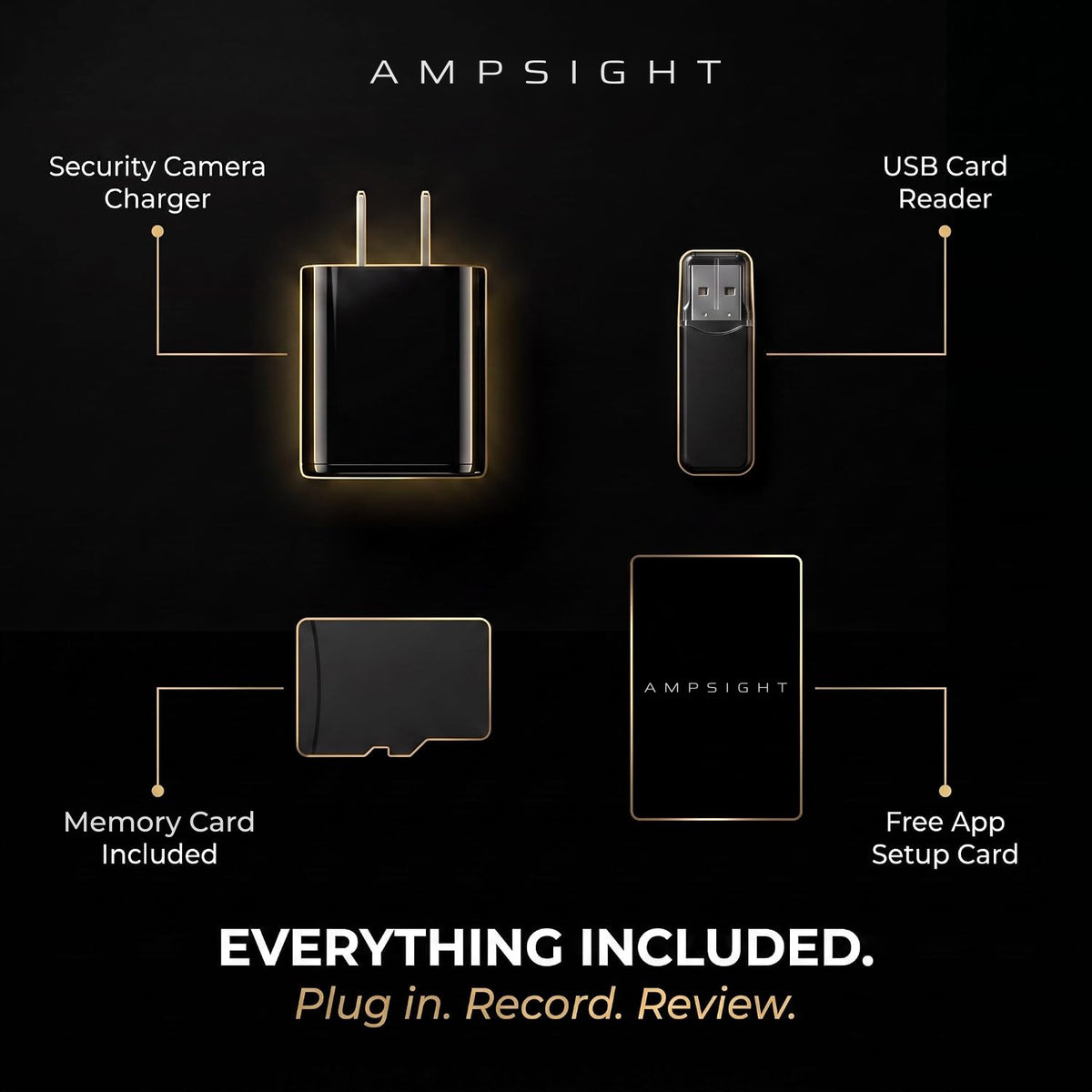 Everything included: charger cam, USB card reader, memory card