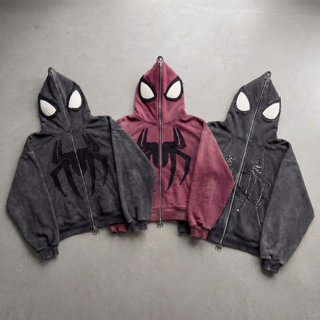 Arachne Spider Full-Zip Hoodie all three colourways flat lay