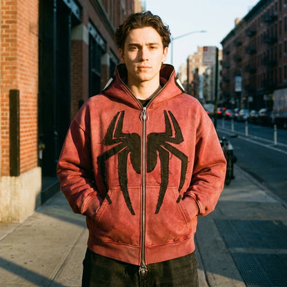 Arachne hoodie in washed crimson worn on the street
