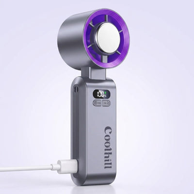 CoolHill fan charging via USB-C with 21-hour battery