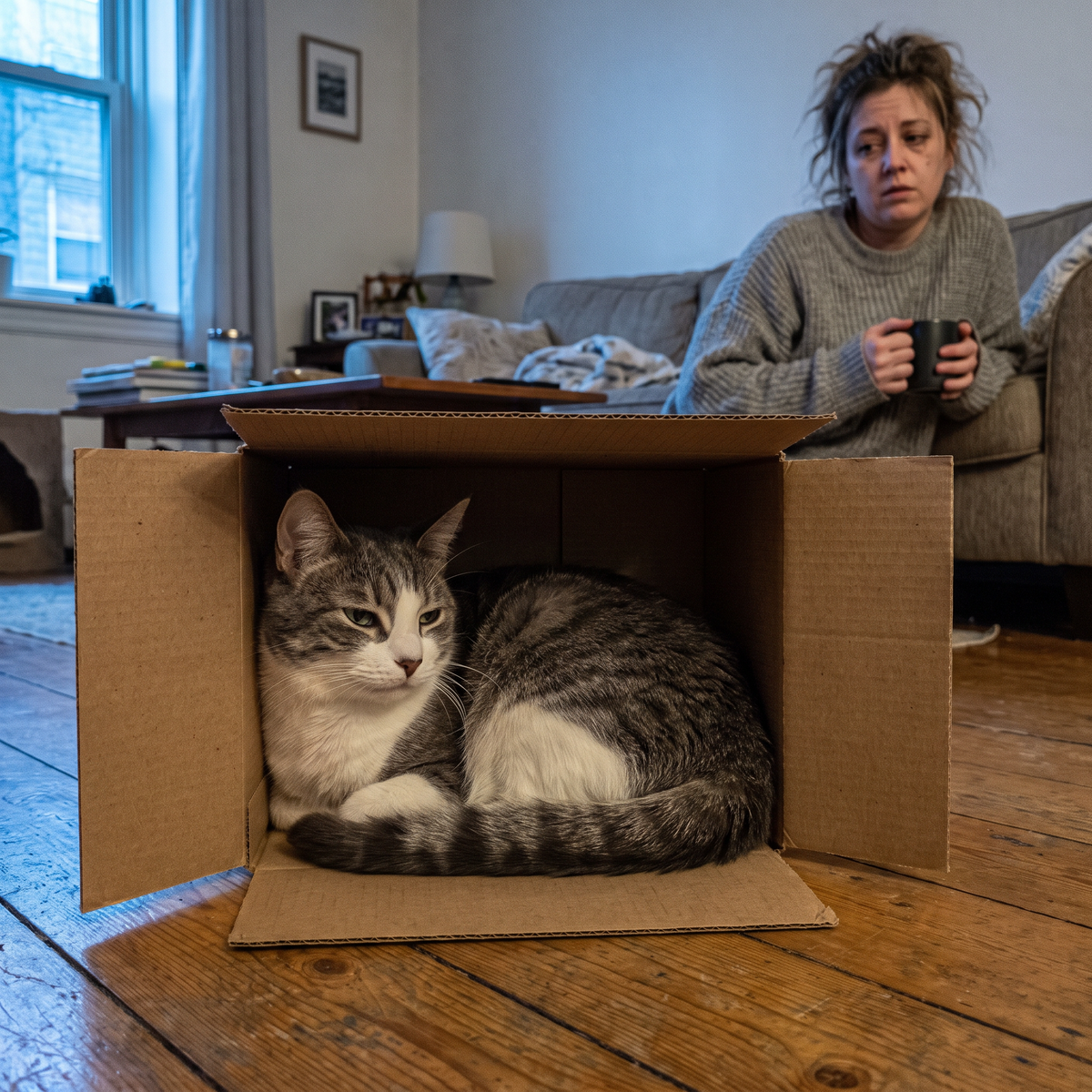 Cat sleeping in a cardboard box