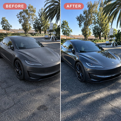Gray Tesla before and after Lustra Nano Ceramic Coating