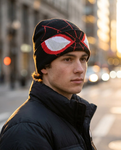 Man wearing the Webline Knit Beanie in Black Red Mask at golden hour
