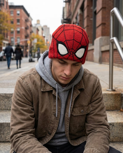 Man wearing the Webline Knit Beanie in Red Mask on city steps