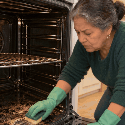 Grandma scrubbing the oven floor in rubber gloves