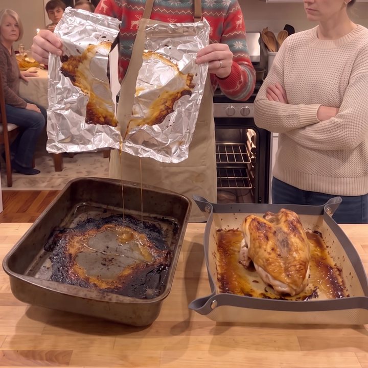 Torn foil and a burnt roasting pan next to the snap tray
